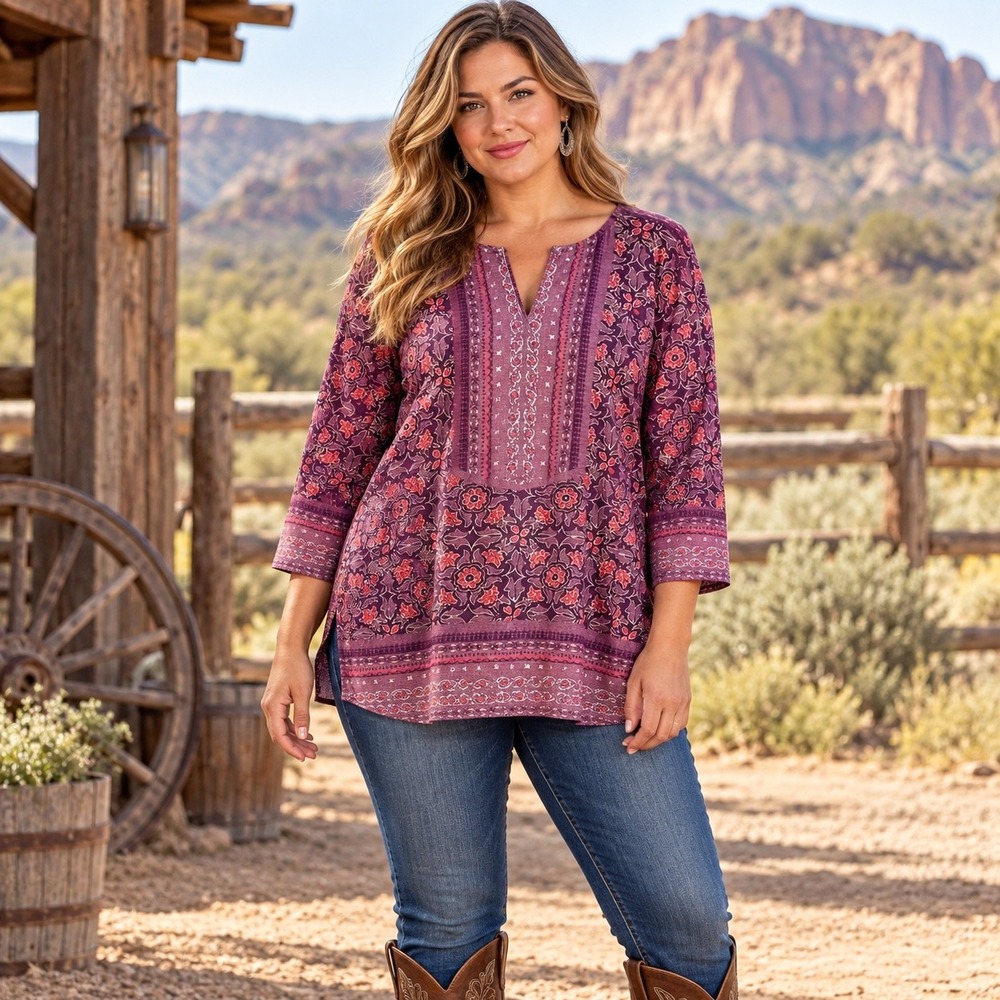 Lucky Brand Womens 1X Burgundy Red Orange Floral Boho V-Neck Tunic Top Stretch
